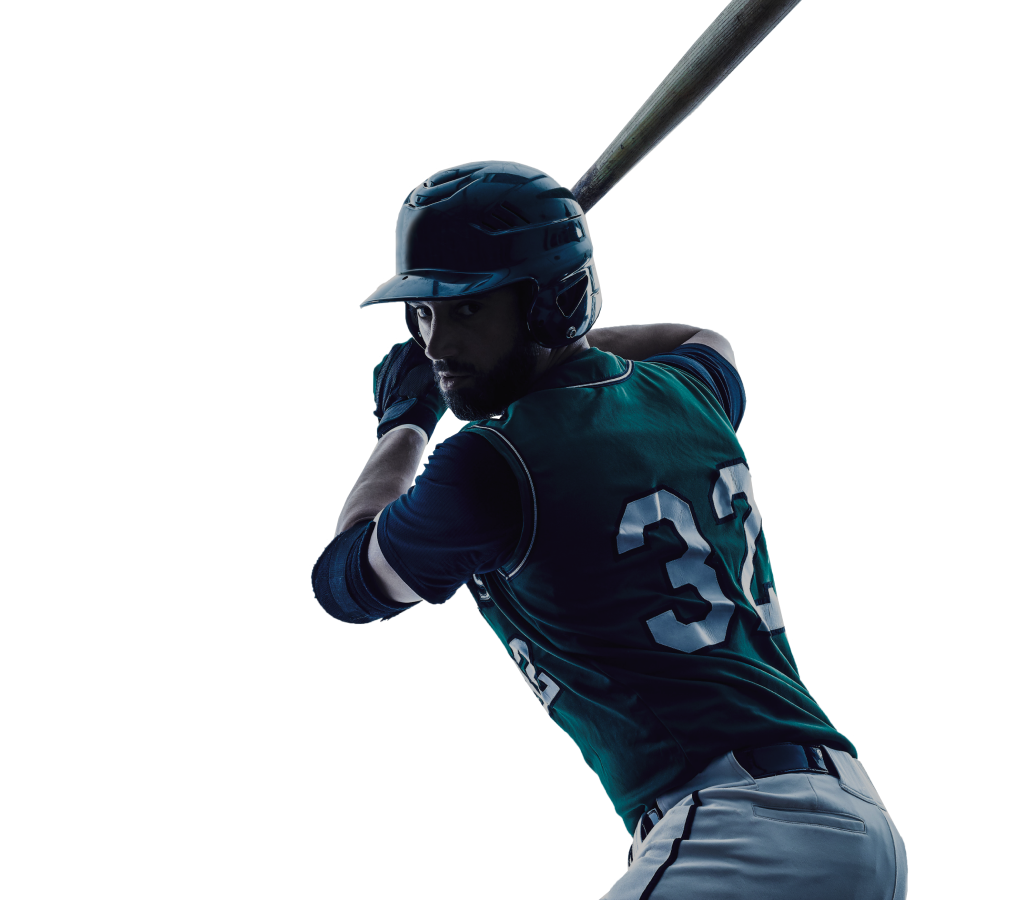 Landing page hero image of baseball player, desktop and mobile screen